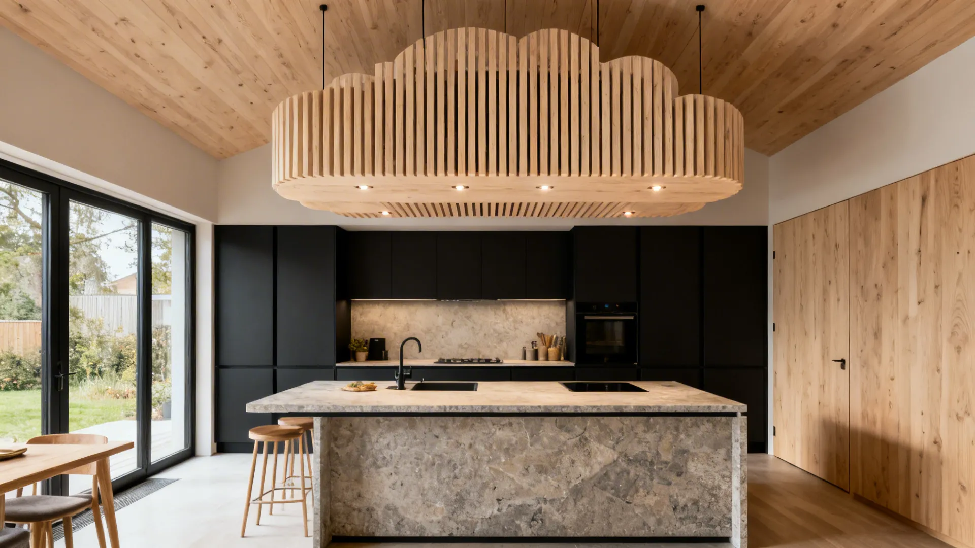 Timber Slat Cloud with Recessed Spots