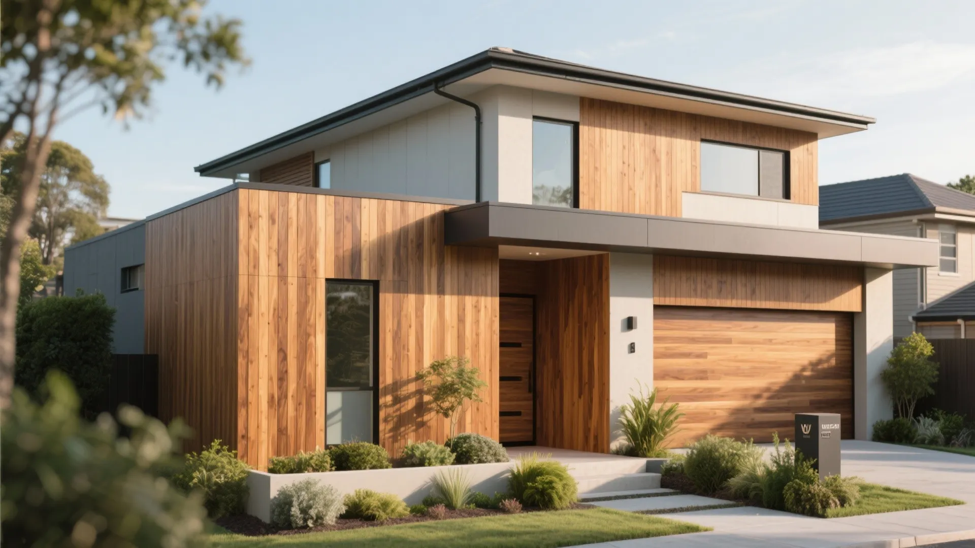 Modern suburban home with vertical cedar timber slats on the facade