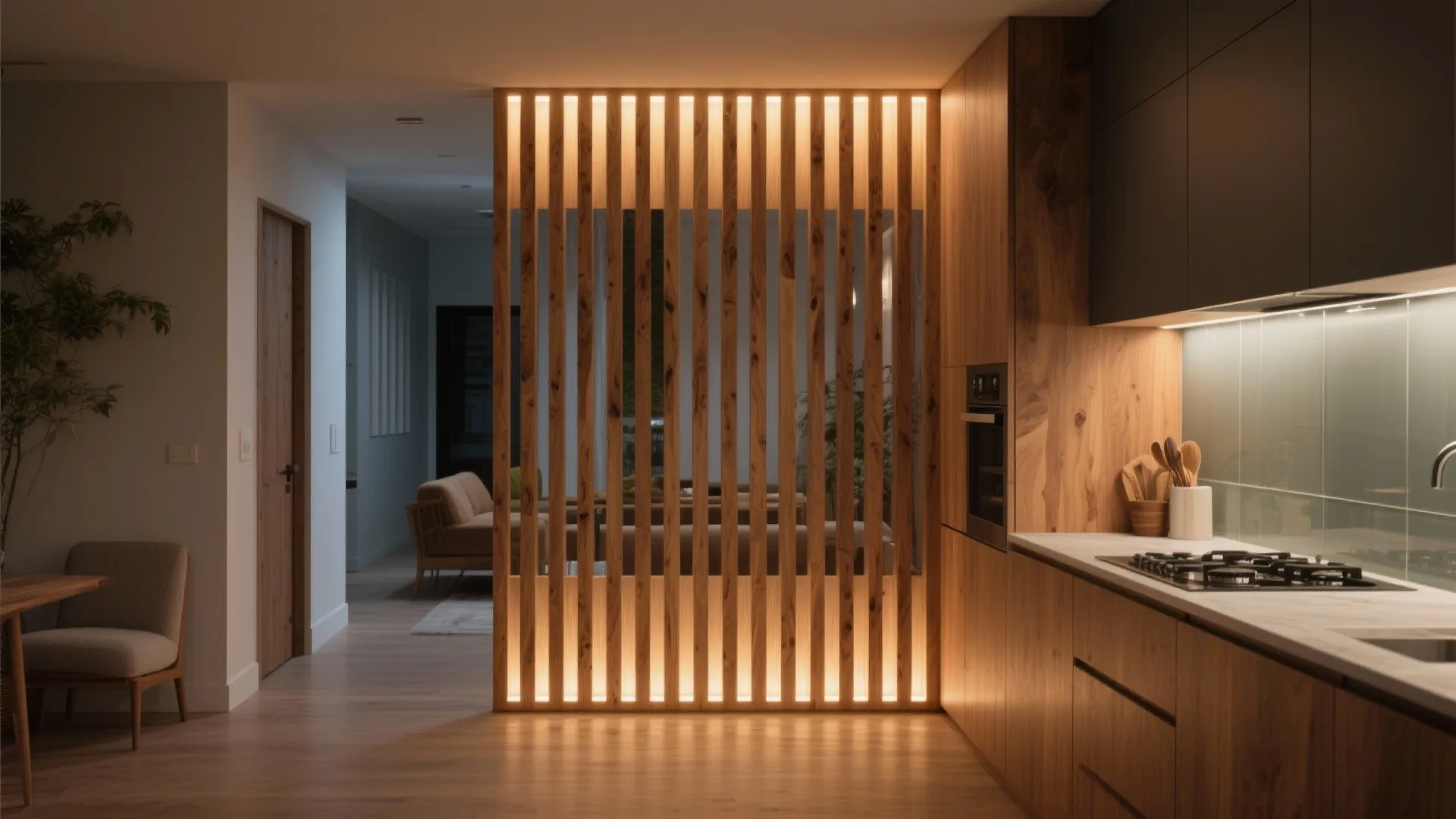Modern kitchen with wood cabinets and a vertical wood slat room divider with built-in lights