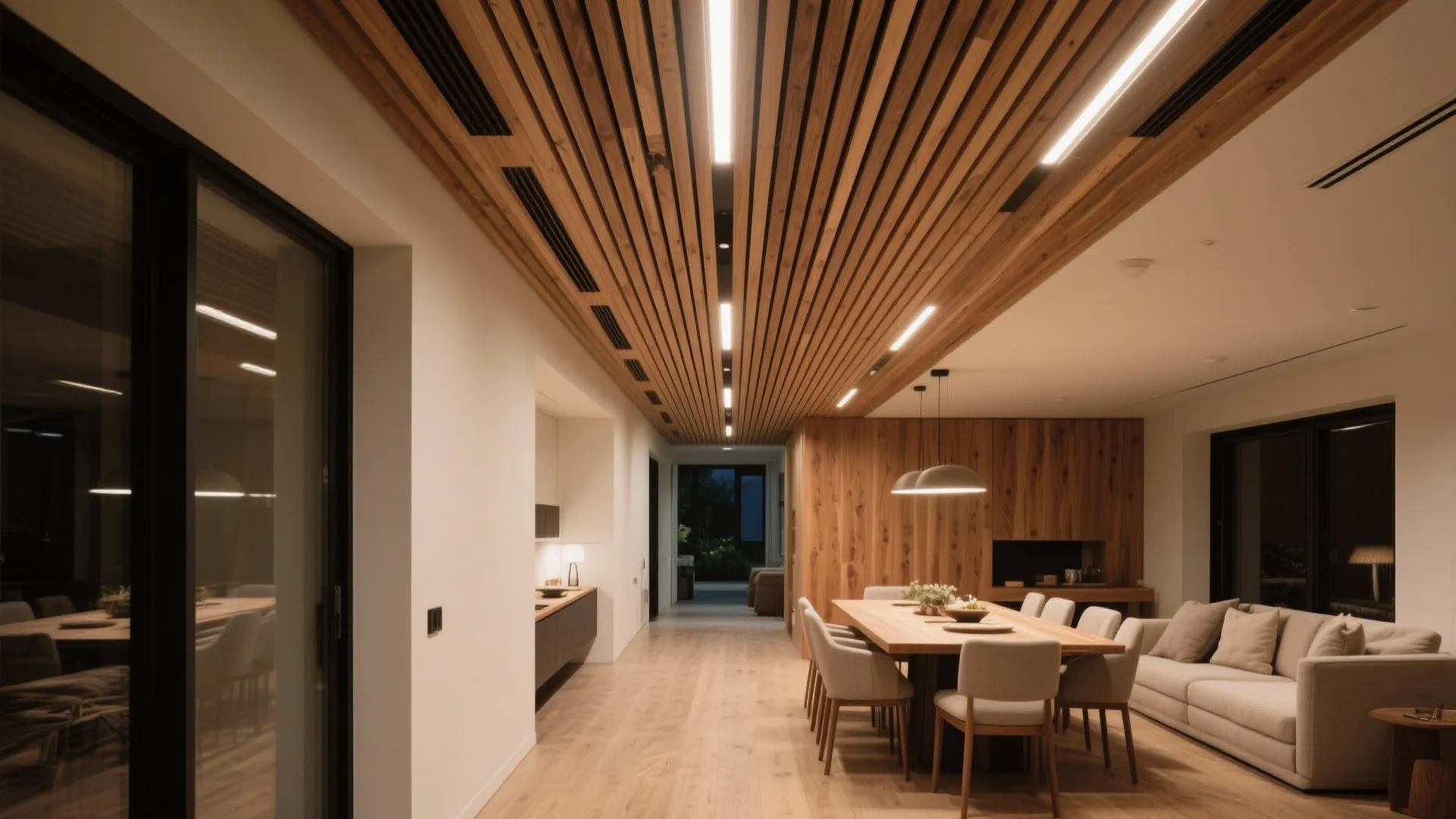 Oak slat ceiling with concealed linear LEDs creating a warm glow in a cozy hall.