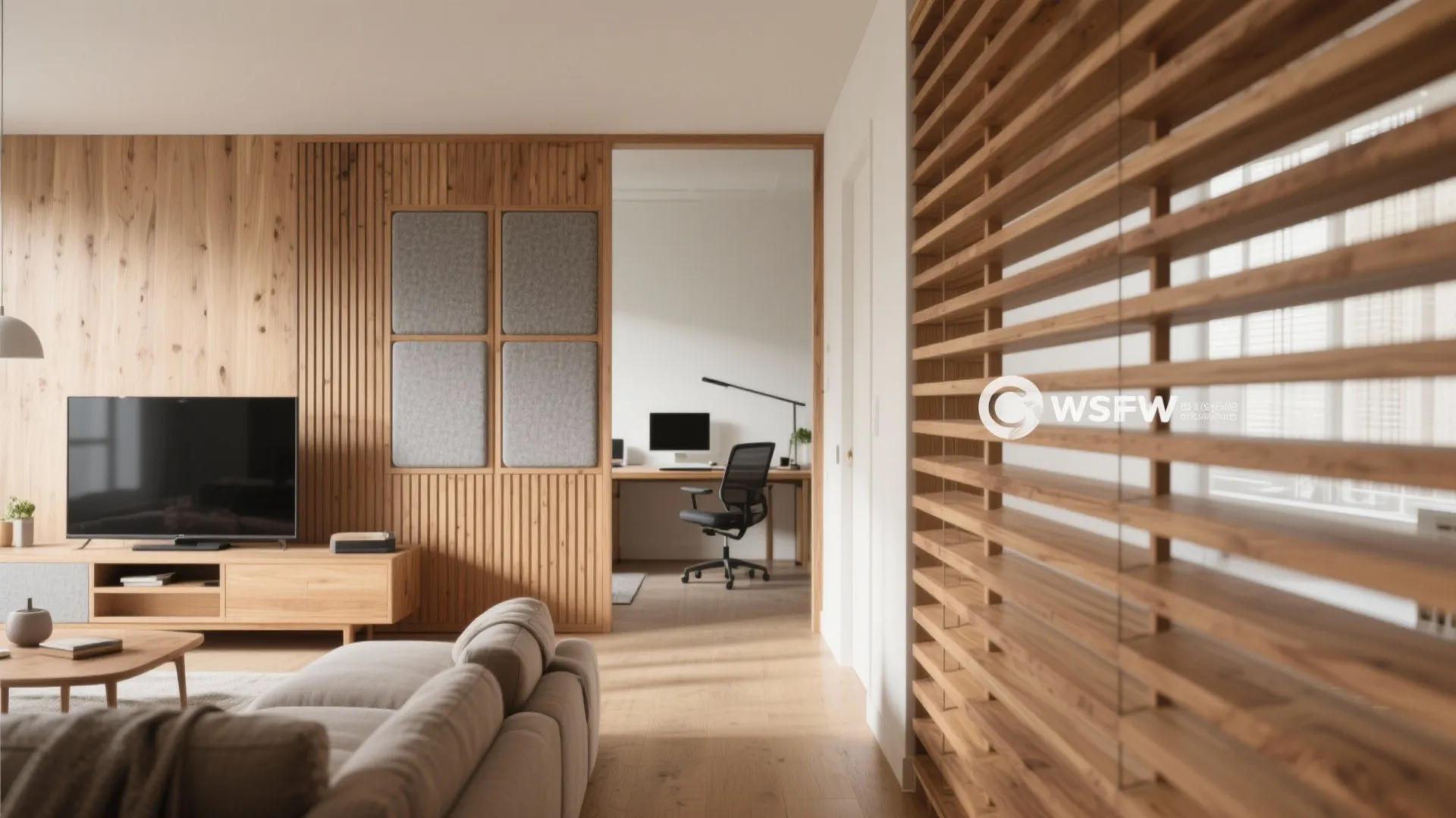 Modern living room featuring wood wall panel television cabinet and wooden slat partition for room layout