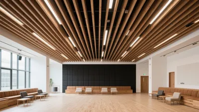 Modern Lounge with Wood Slatted Ceiling & Acoustic Wall