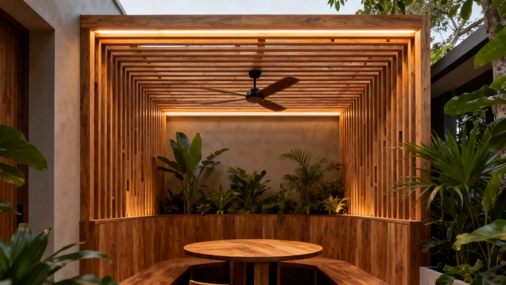 Dining nook with a timber slat raft ceiling, hidden warm strips, and a centered ceiling fan.
