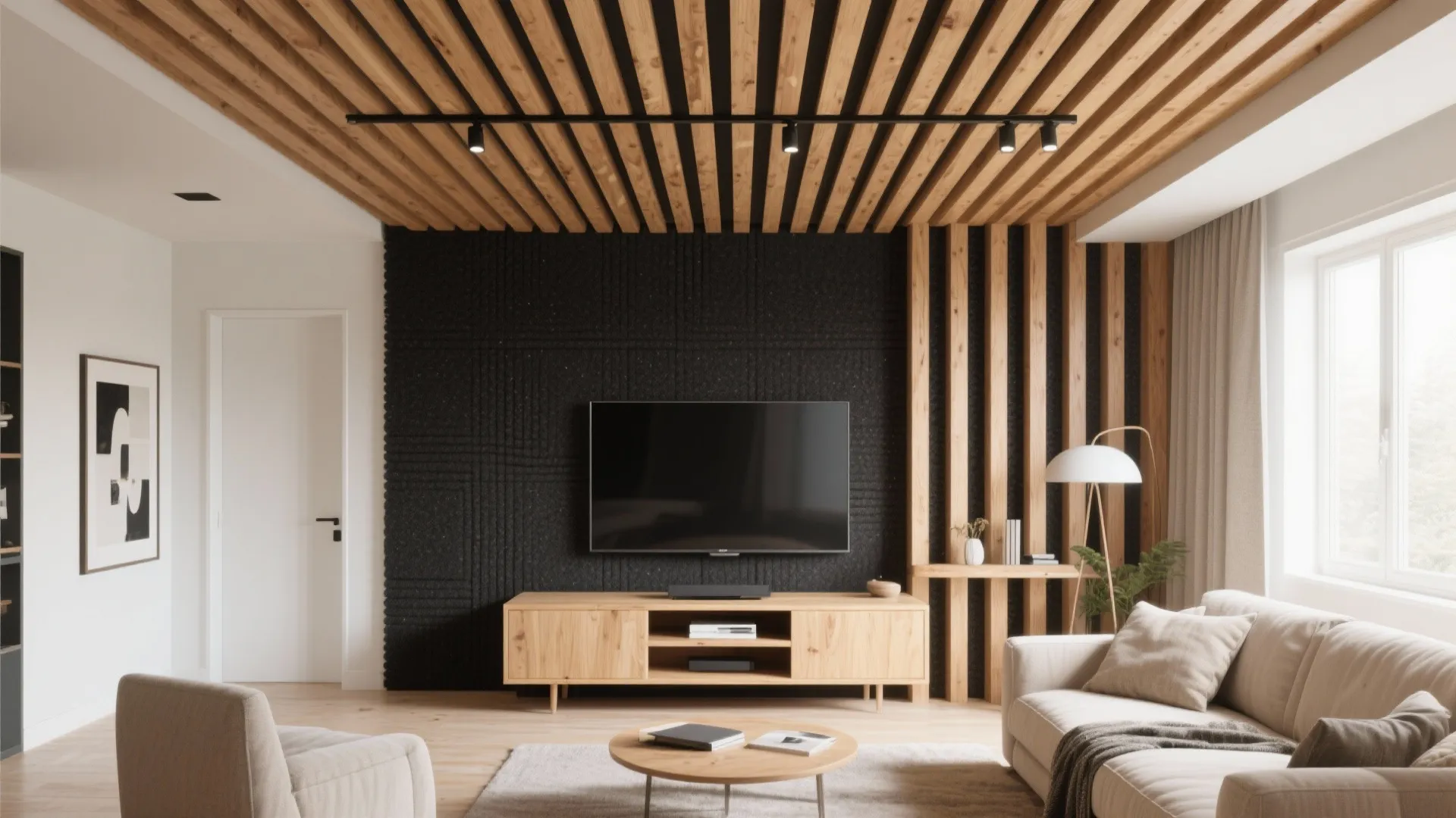 4) Timber slat ceiling accent above the TV zone