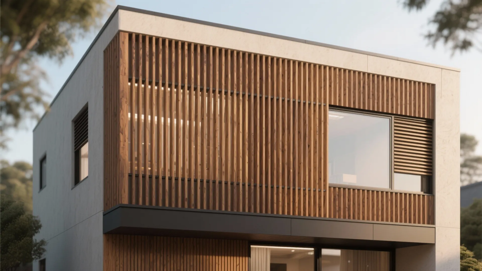 Timber slats and warm composites: tactile layering