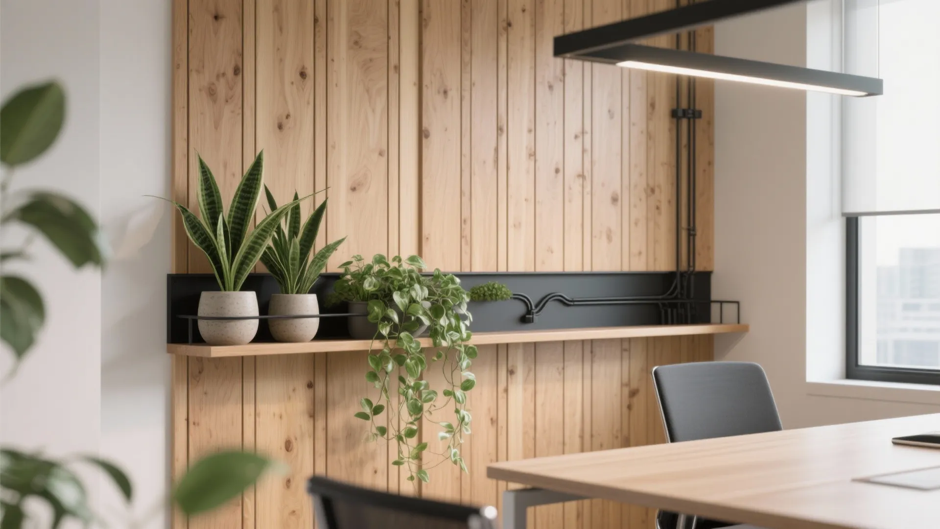 Biophilic Timber Slats and Greenery Shelves