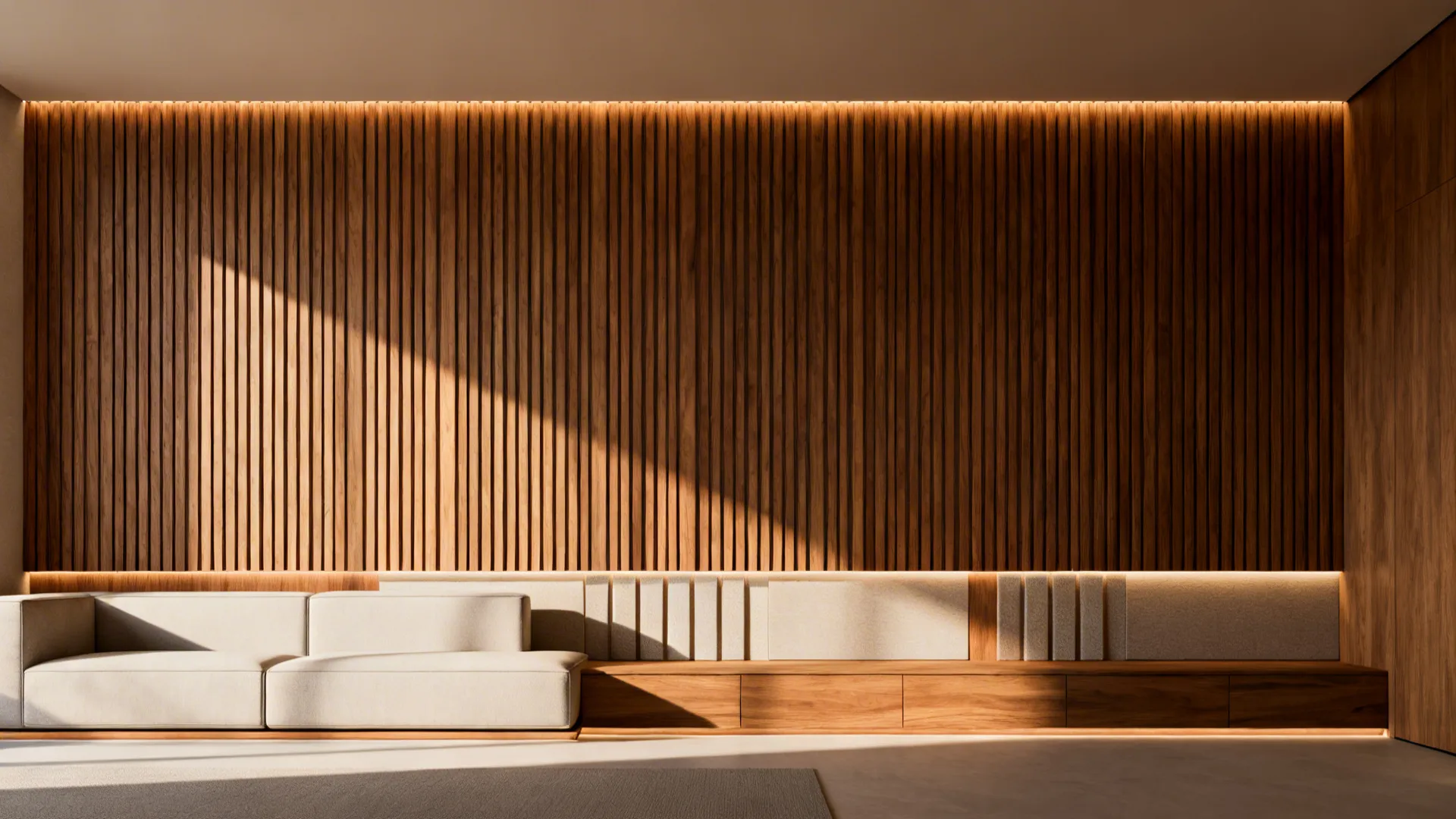 Living room with horizontal oak slat wall and minimalist furnishings widening the space