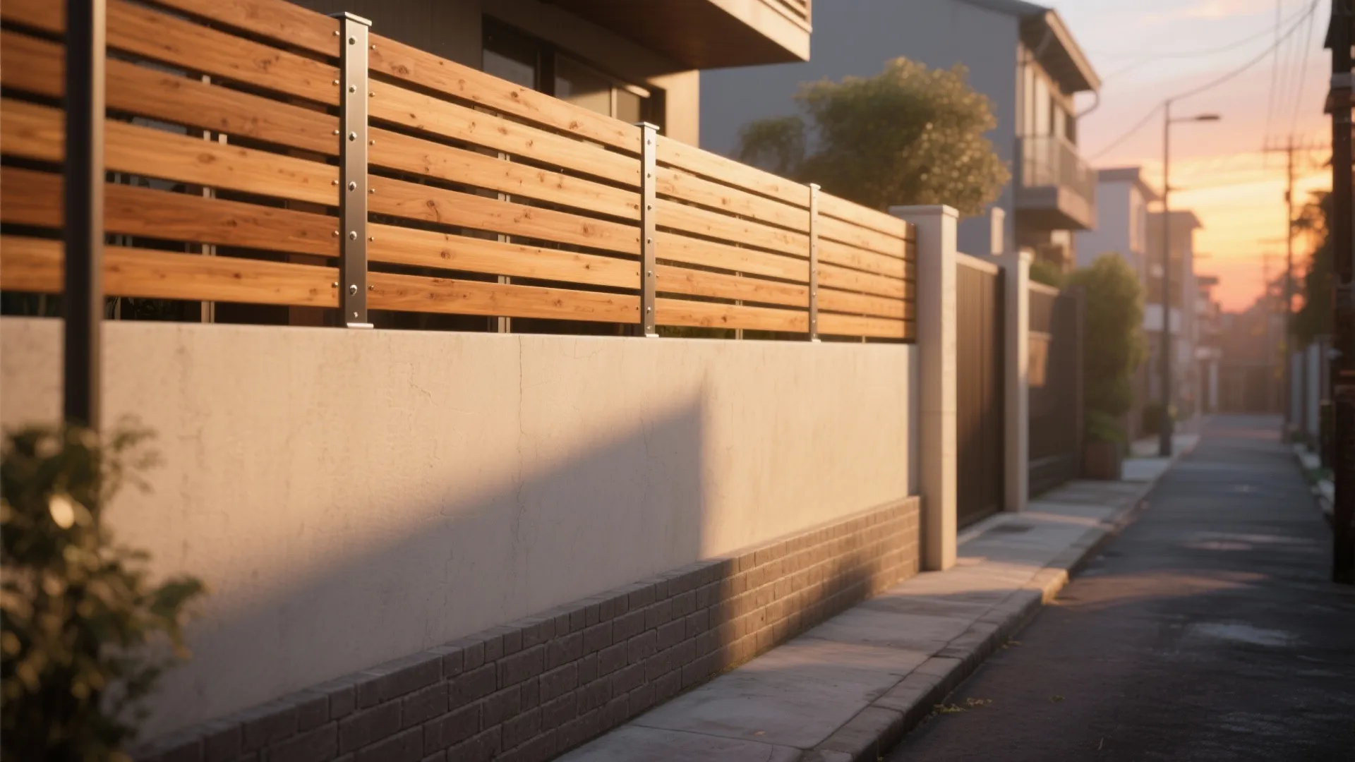 Modern garden wall with white base and horizontal wood slats along a sidewalk at sunset