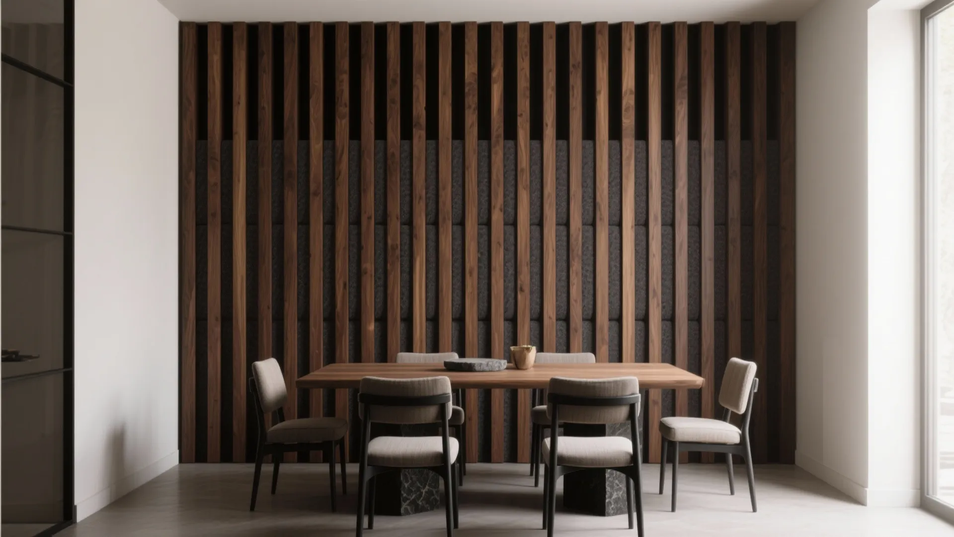 Timber slat partition with acoustic backing