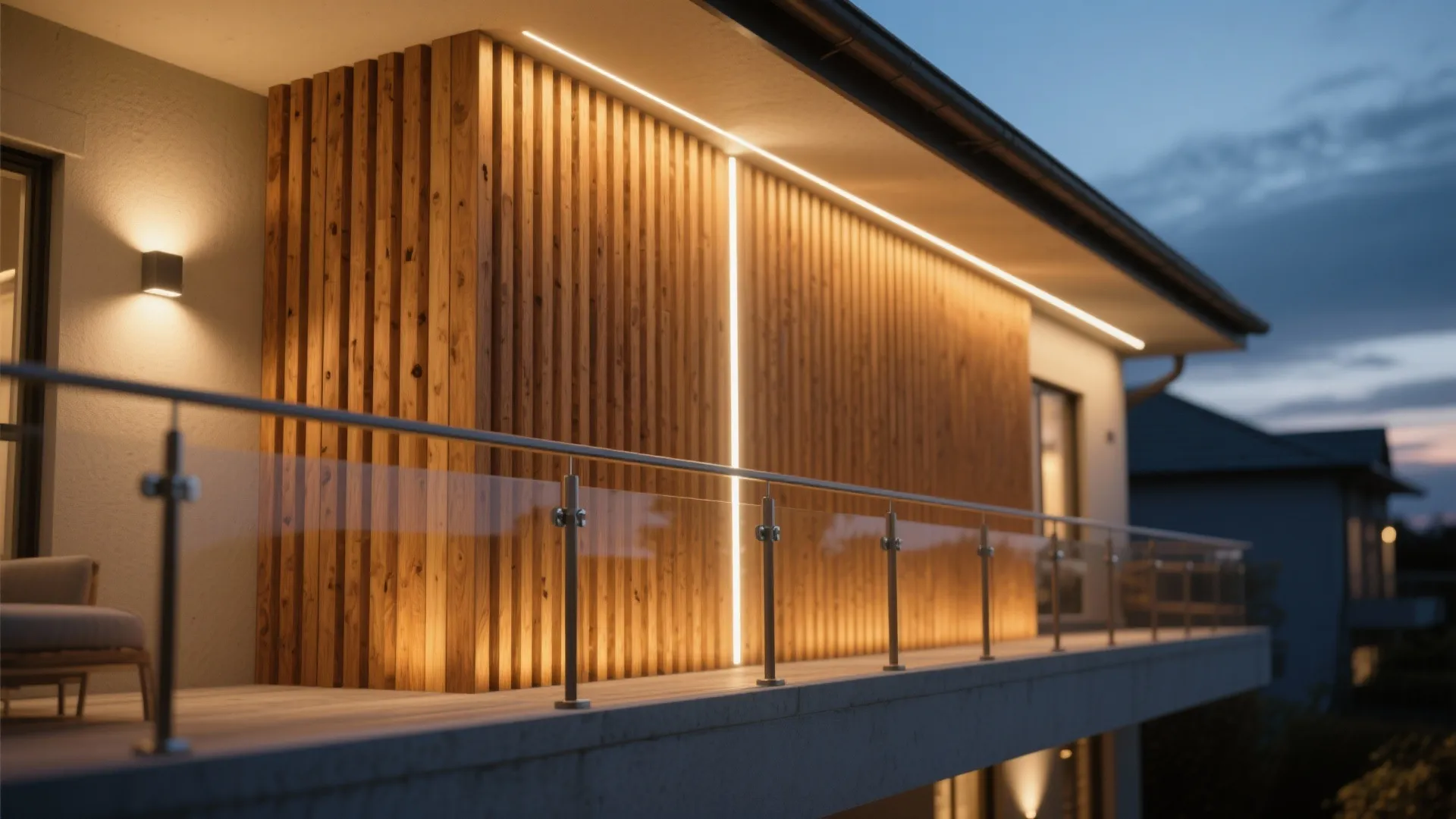 Warm Timber Slats with Layered Lighting for Evening Atmosphere
