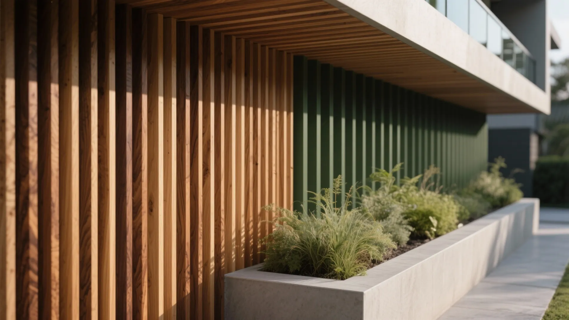 2) Timber slats and planter edges for warmth and privacy