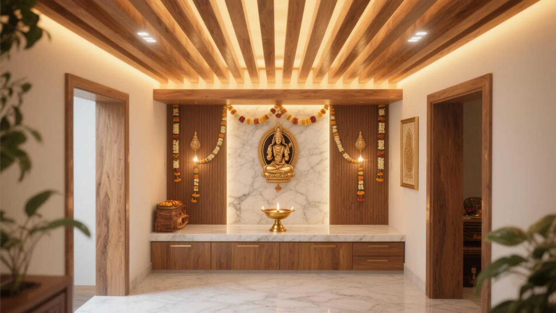 Modern prayer room with wooden ceiling slats marble floor gold statue and white wall cabinet