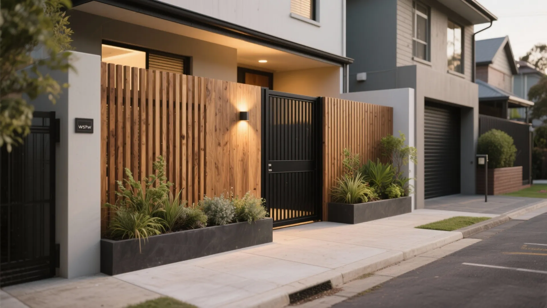 Timber slats with integrated planters and a warm entry