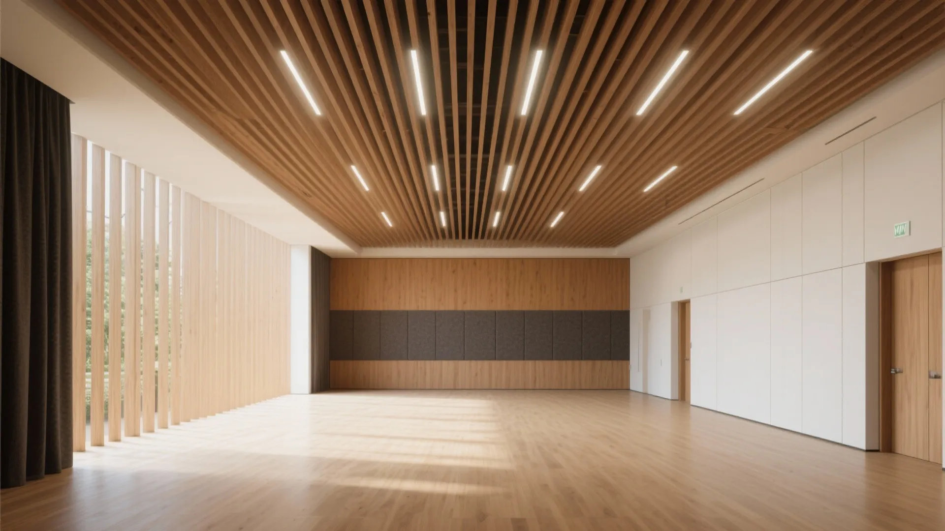 Large empty hall with wooden slat ceiling linear lights wood floor and natural sunlight through