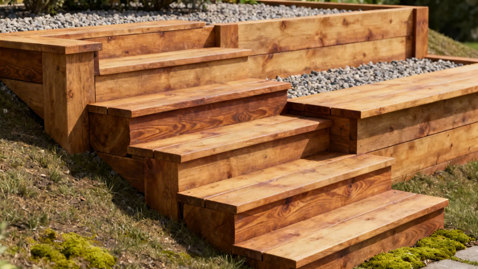 Close-up of timber sleeper steps with gravel backfill and angled placement for drainage.