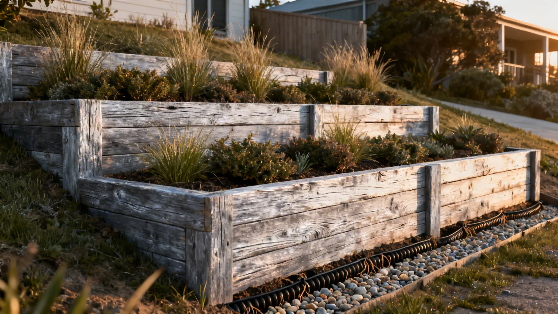 Timber sleeper retaining walls with layered plantings on a small sloped front yard.