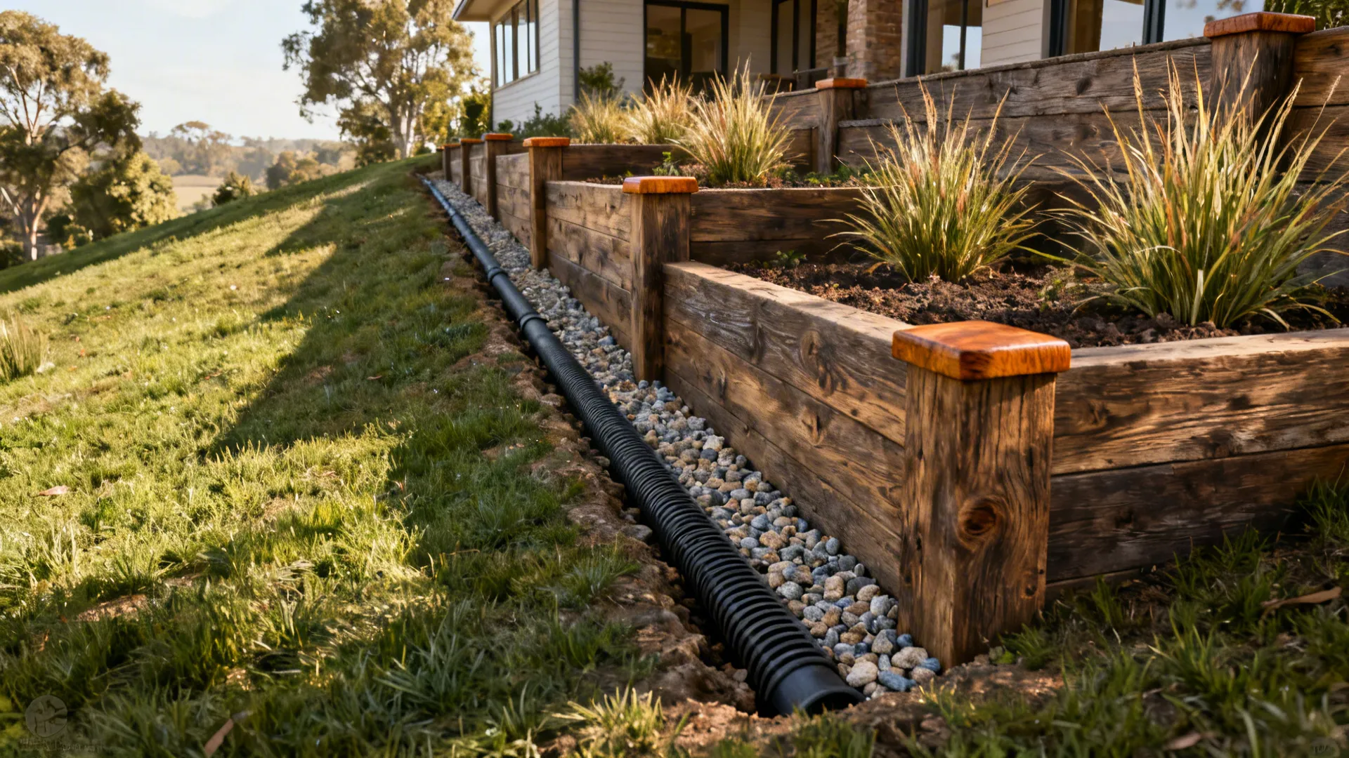 Timber sleeper retaining walls with gravel drainage trench and ornamental grasses on a slope