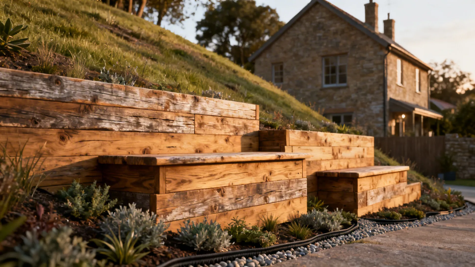 Reclaimed timber sleepers forming low retaining walls and seating with groundcover plantings