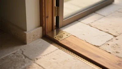 Elegant Entryway with Brass Threshold and Natural Stone Tiles