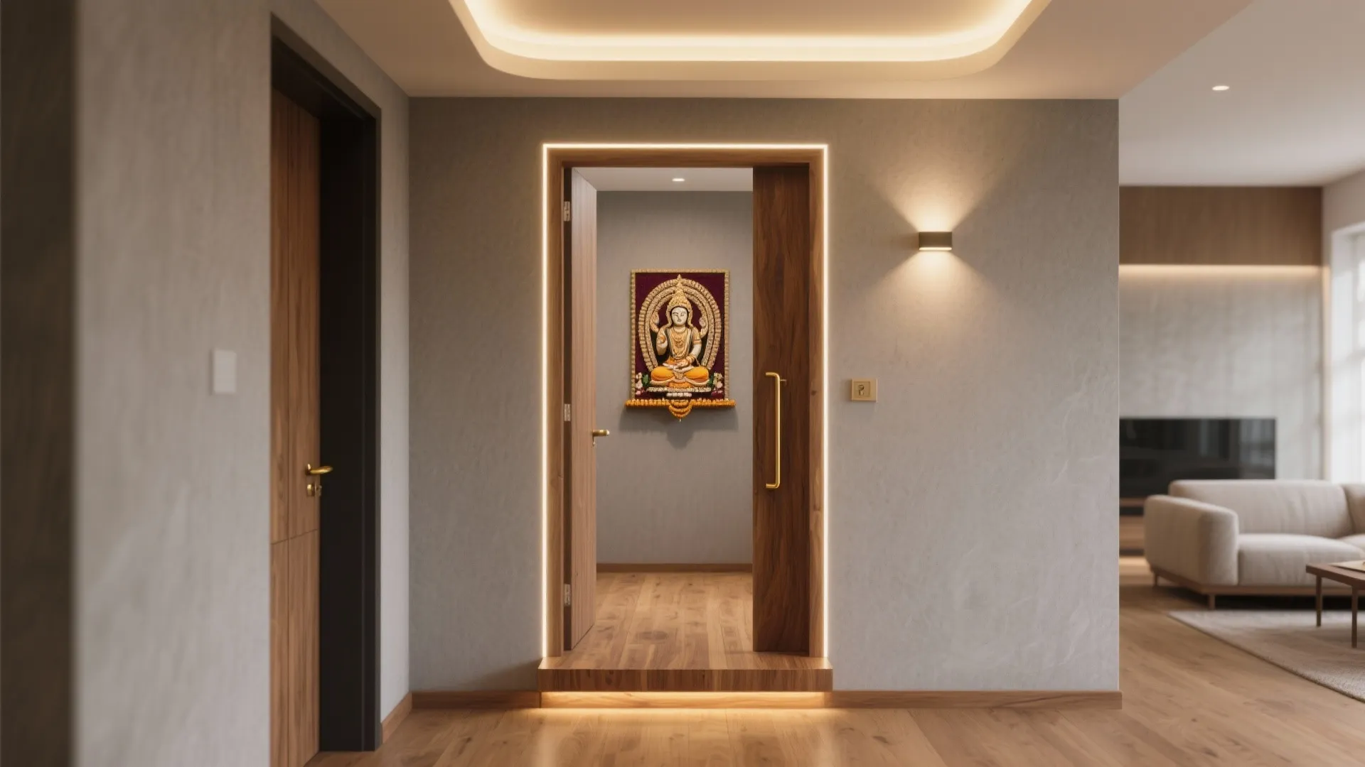 Slim teak threshold with soft halo cove lighting at a compact pooja room entrance.