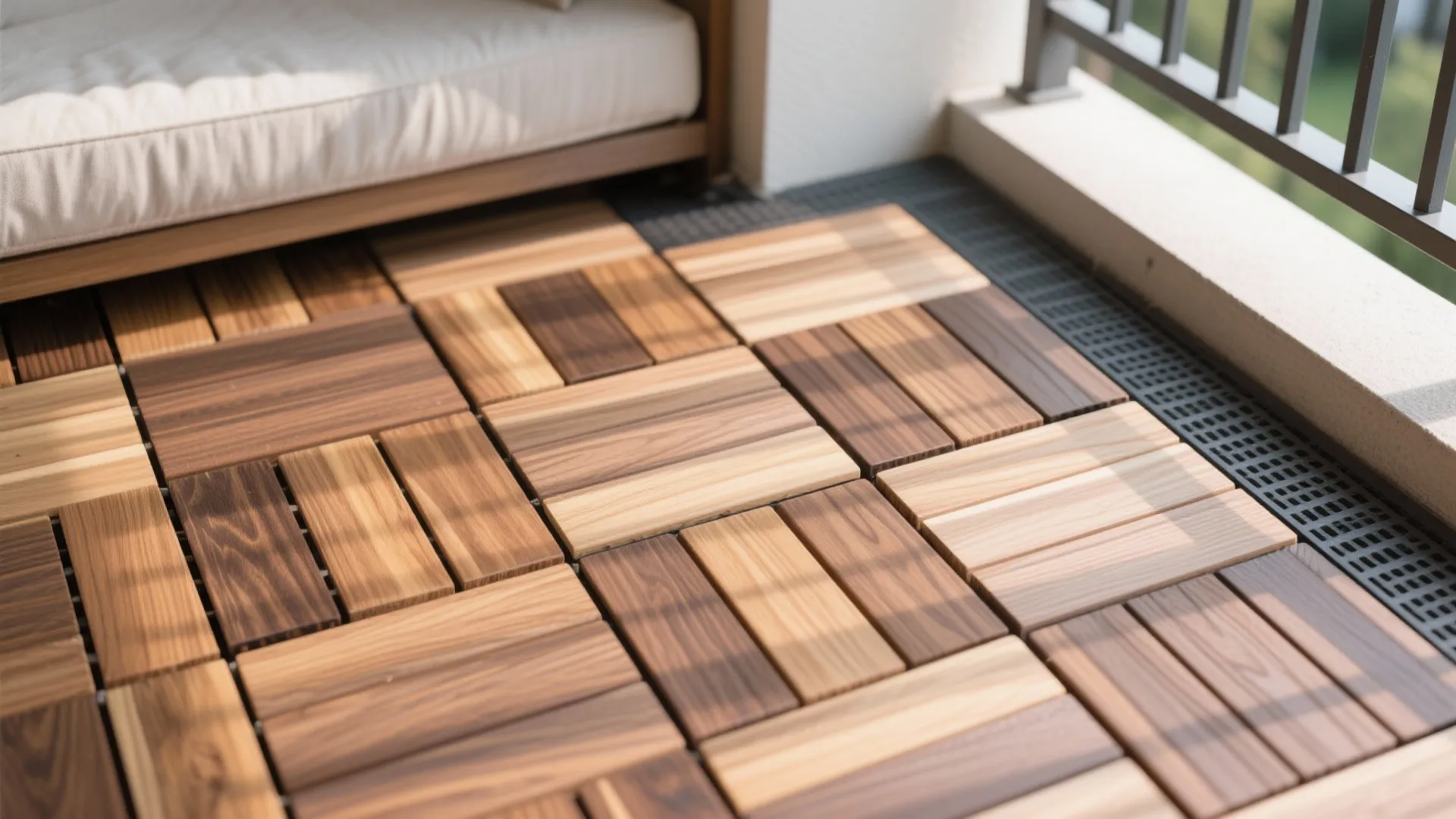 Close up view of outdoor wooden floor tiles on a balcony with white sofa cushion