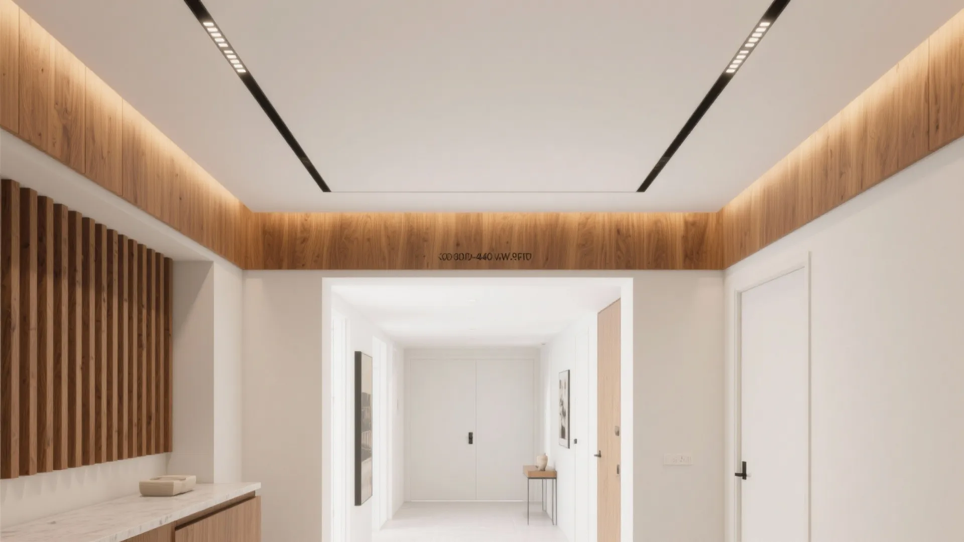 Modern white hallway featuring wood wall panels, recessed ceiling lights, a cabinet, and white doors