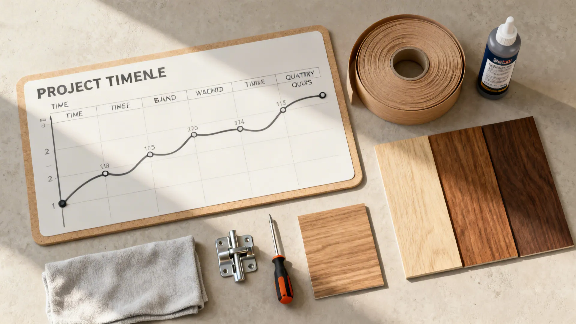 Project timeline board with a graph next to wood floor samples tape glue and repair tools