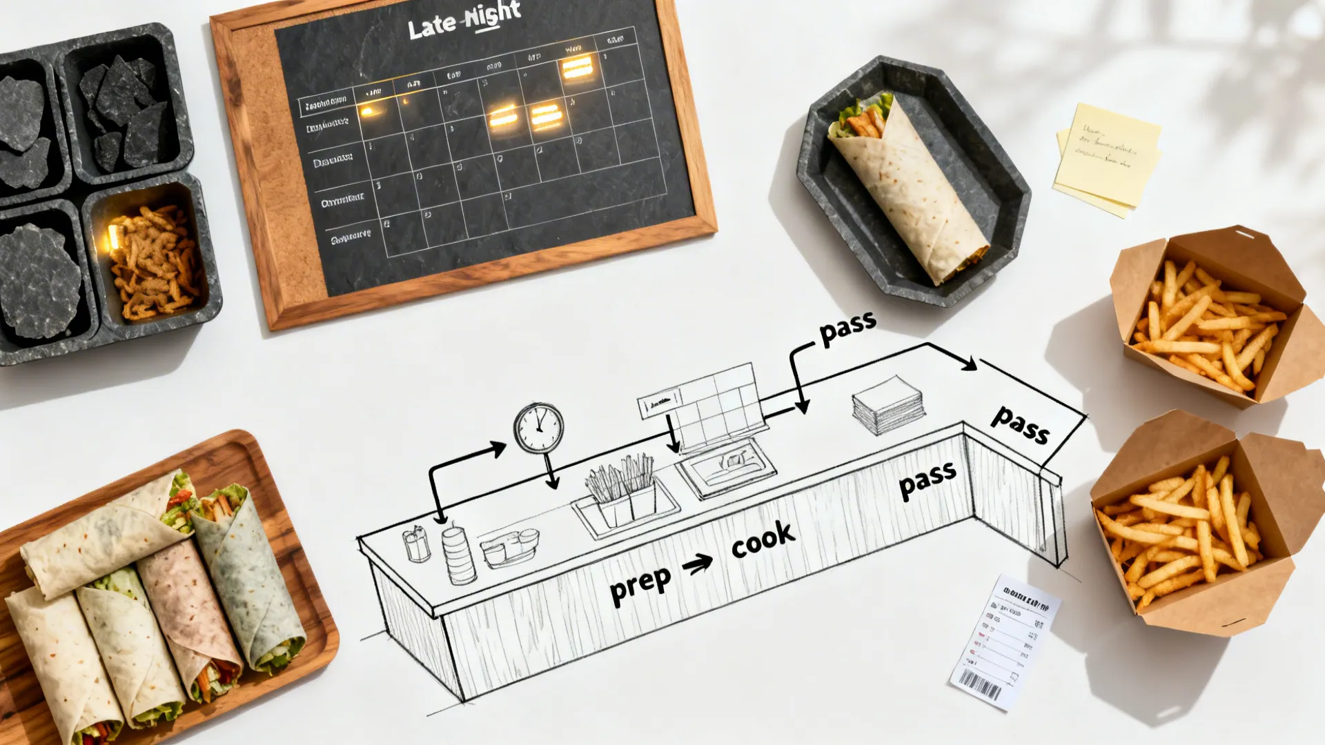 Top-down board with daypart packaging sets and an L-shaped prep flow plan for delivery.