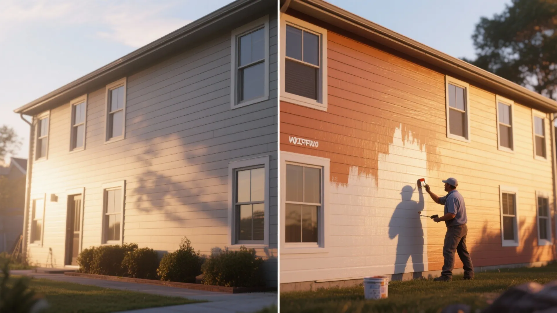 Comparison showing a grey house before and after painting the exterior walls white and orange