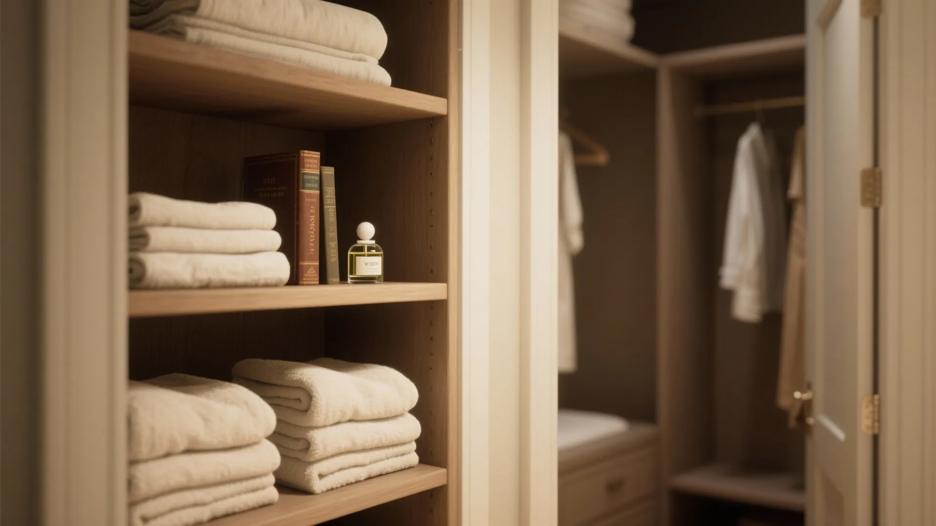 Wooden closet shelves holding white folded towels books and small perfume bottle in walk-in closet room