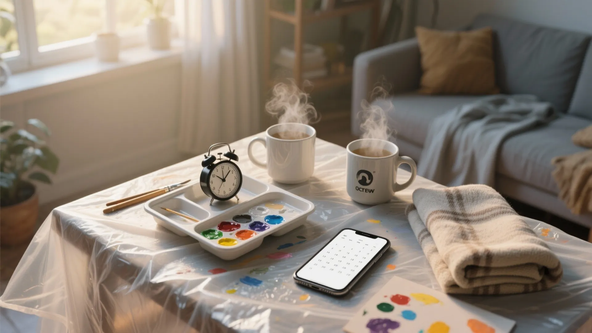 Artist table with paint tray black alarm clock steaming coffee mugs smartphone and blurred grey sofa