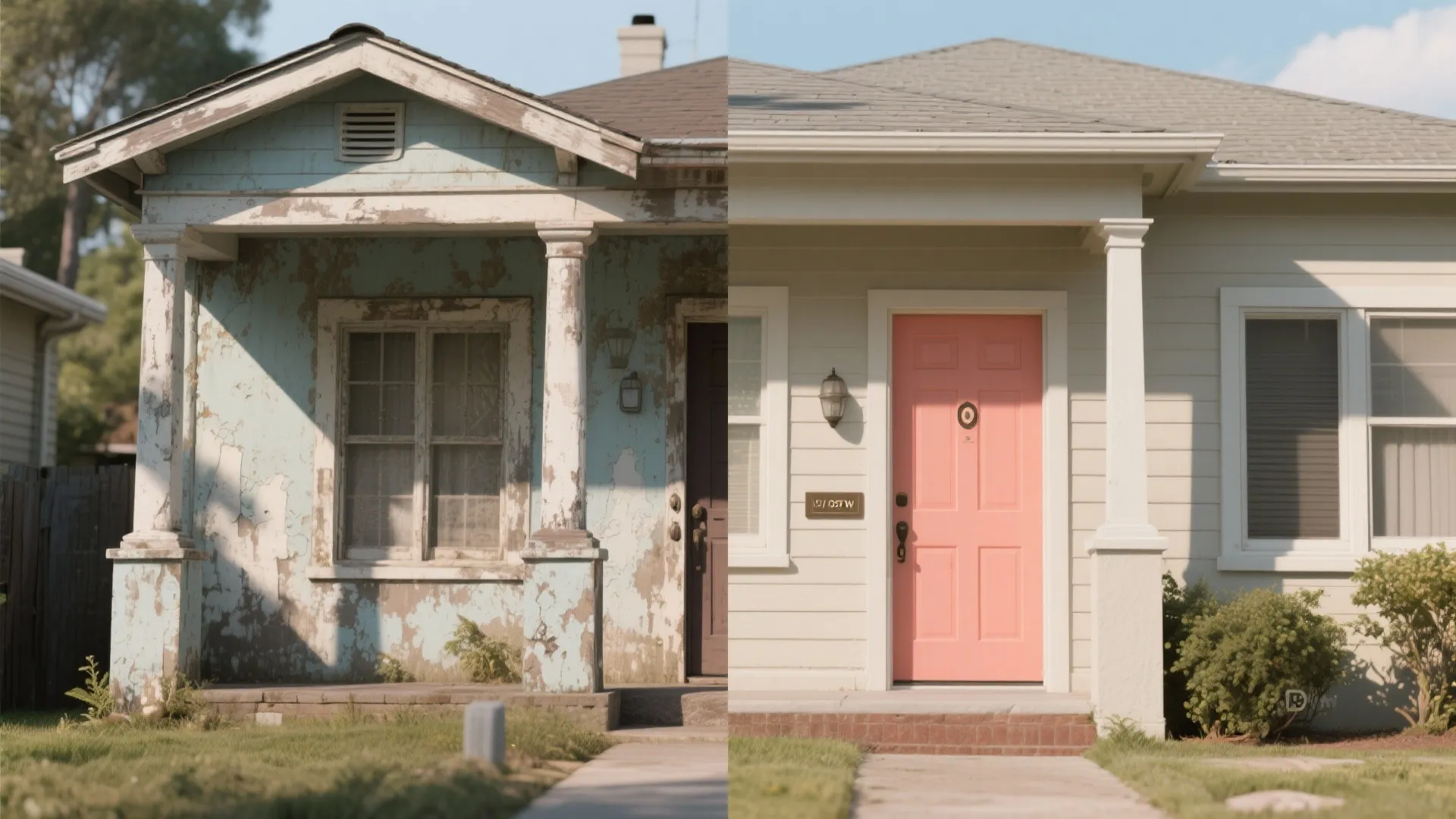 Before-and-after split of a house facade showing faded paint versus freshly painted durable finish