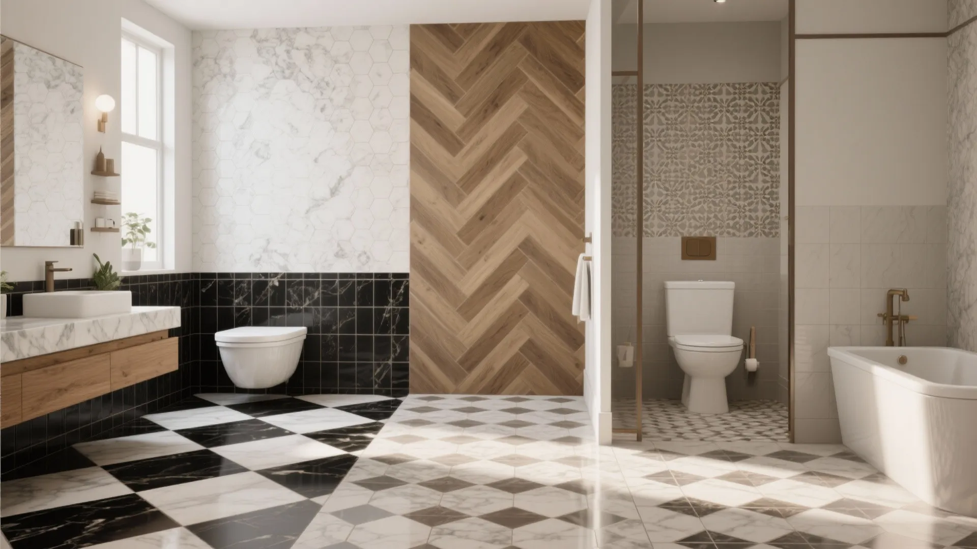 Spacious bathroom interior with wood wall panel marble tiles white bathtub toilet and natural light