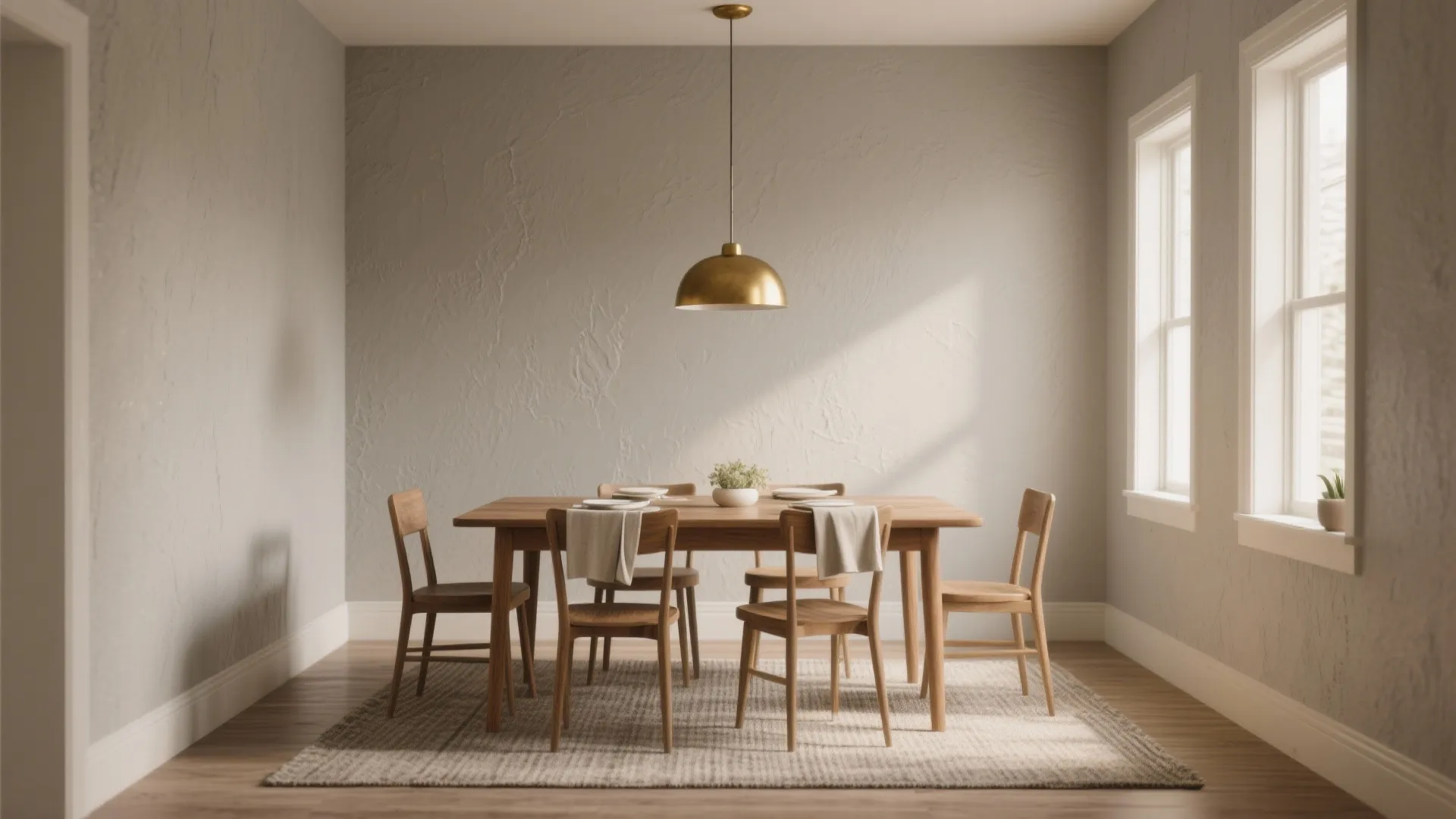 Minimalist dining room with textured grey walls wooden table chairs gold ceiling light and rug