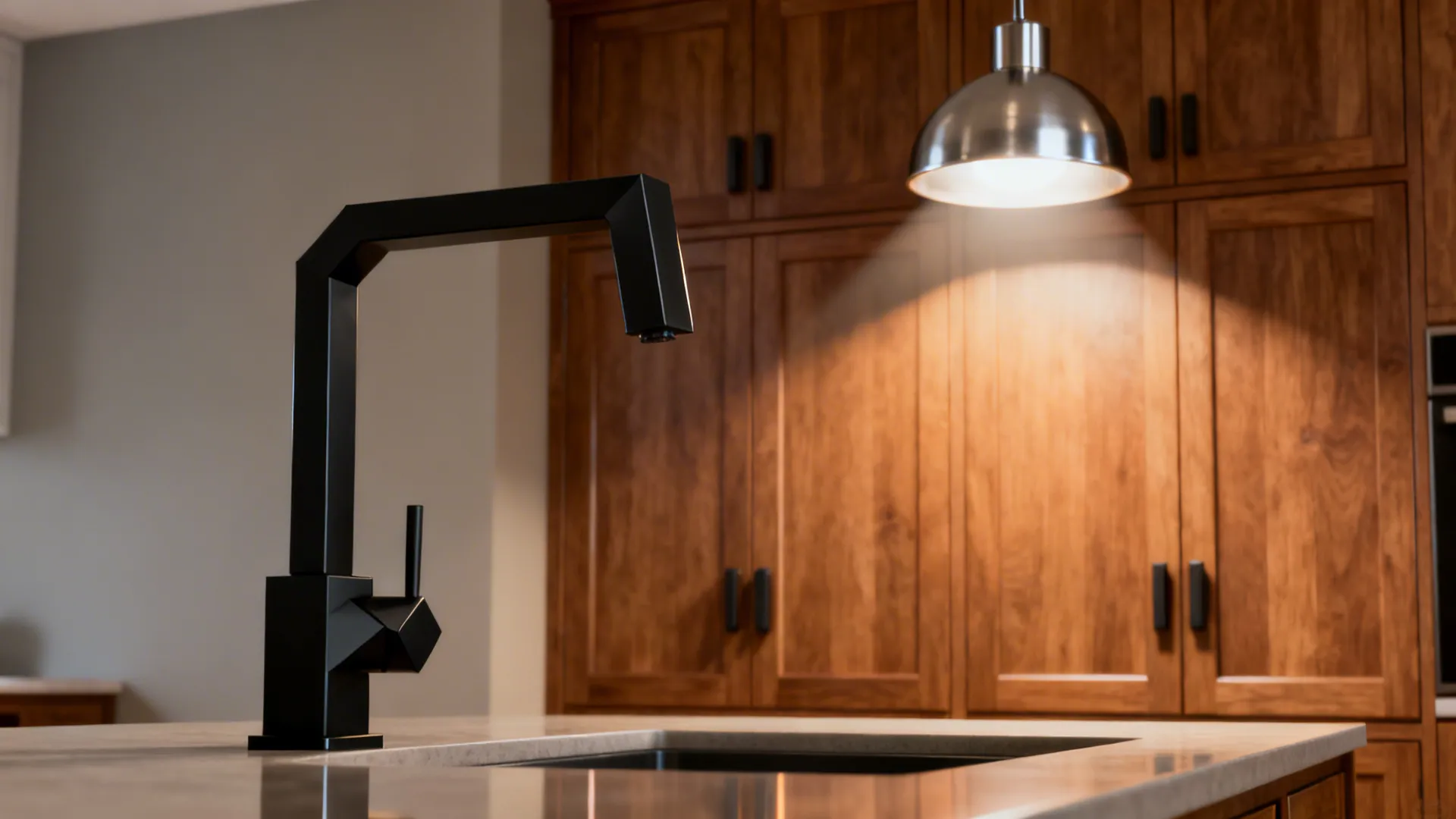 Matte black faucet and bold light fixture paired with classic cabinetry in a ranch kitchen