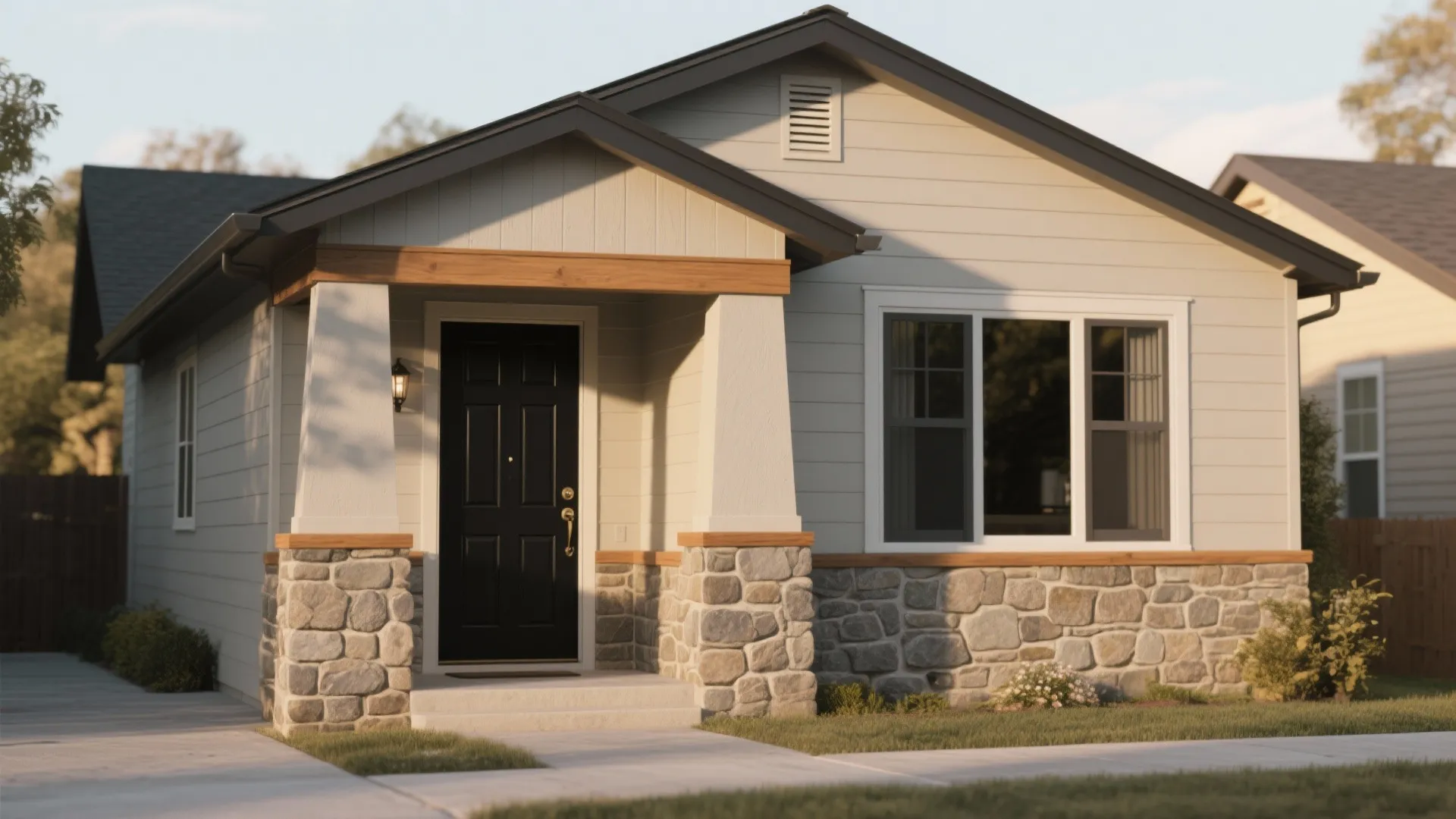 Single story house with light gray siding black front door stone accents and small front porch