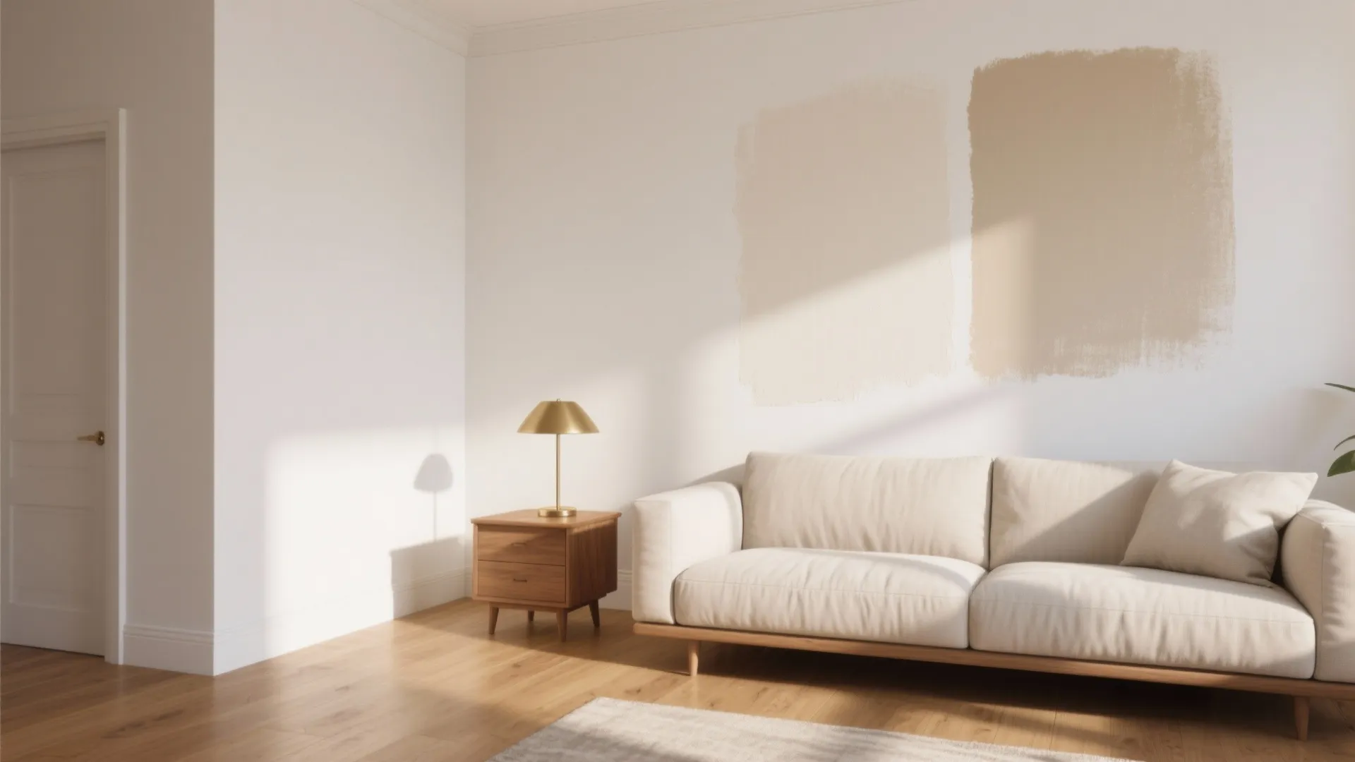 Minimalist living room with white sofa wooden nightstand gold lamp and beige paint on white wall