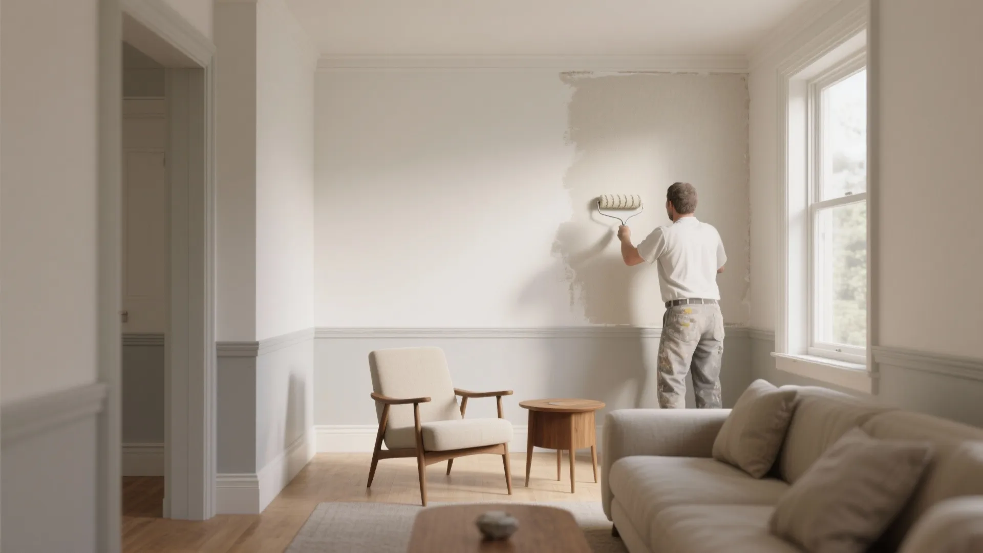 Man painting living room wall with a roller next to white sofa and wooden table