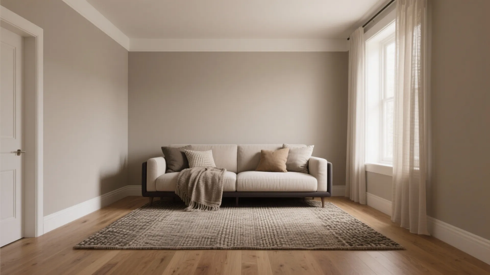 Compact living area with warm greige walls, soft white trim, wood floors and textured rug.