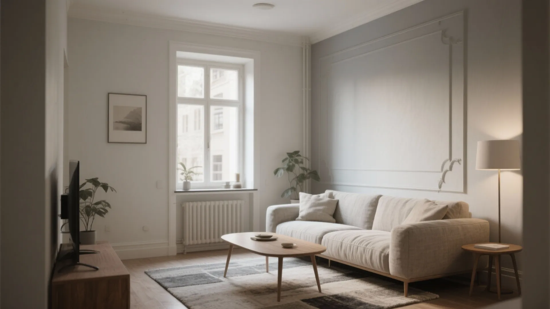 Small living room with greige walls, warm white trim, and textured fabrics creating depth