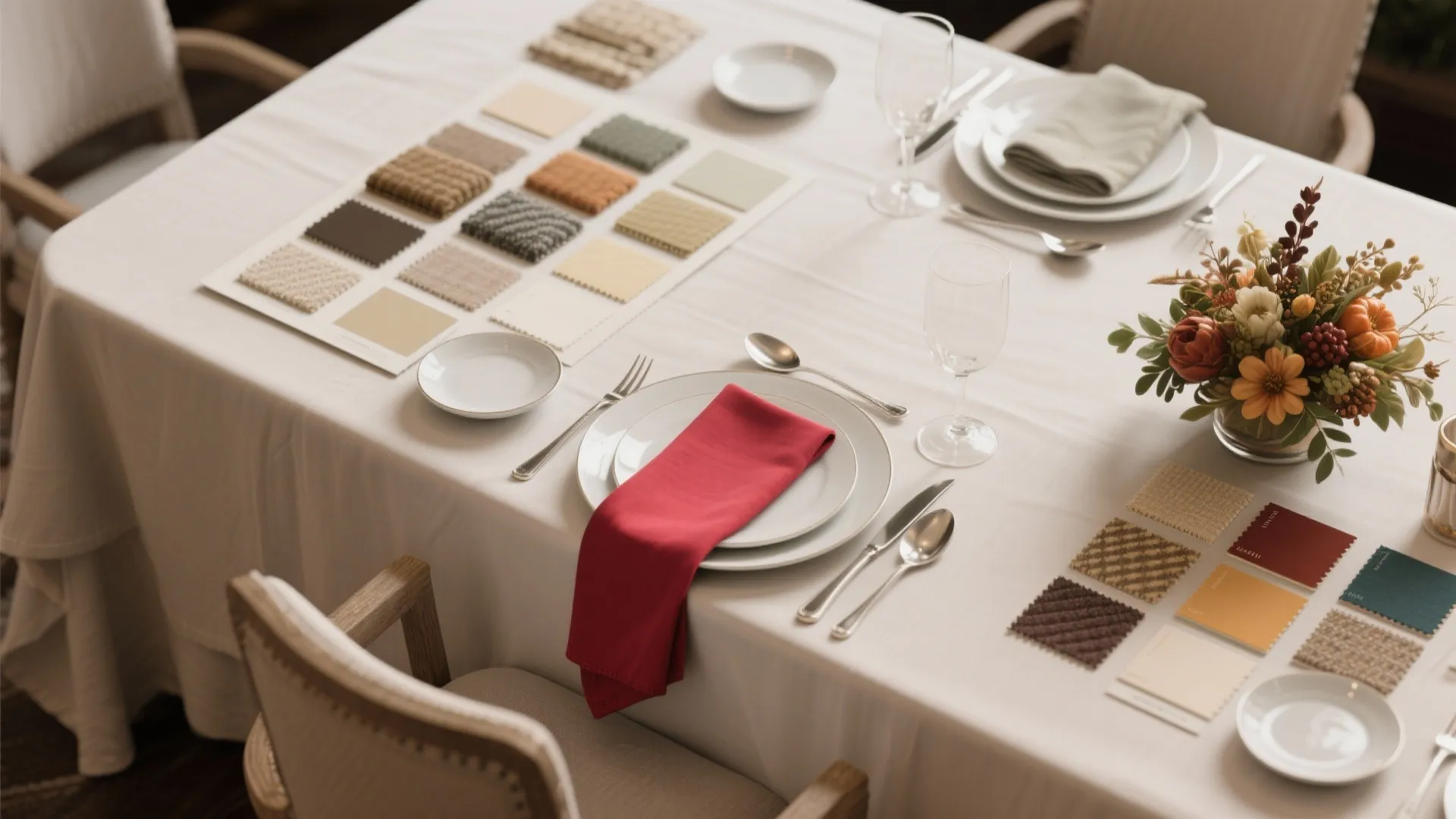 Dining table setup showing fabric swatches color samples red napkin white plates and flower arrangement
