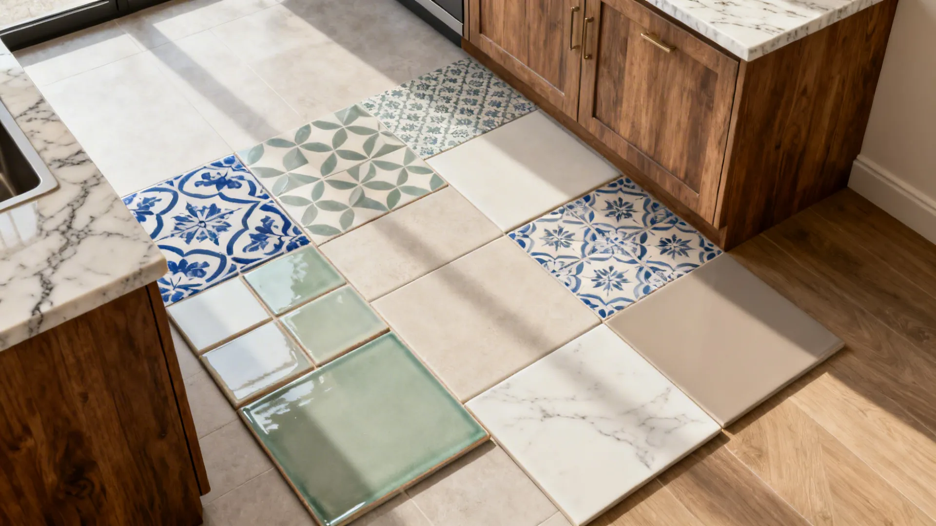 Flatlay of heritage and geometric insert tiles with neutral fields and material swatches for timeless pairing.