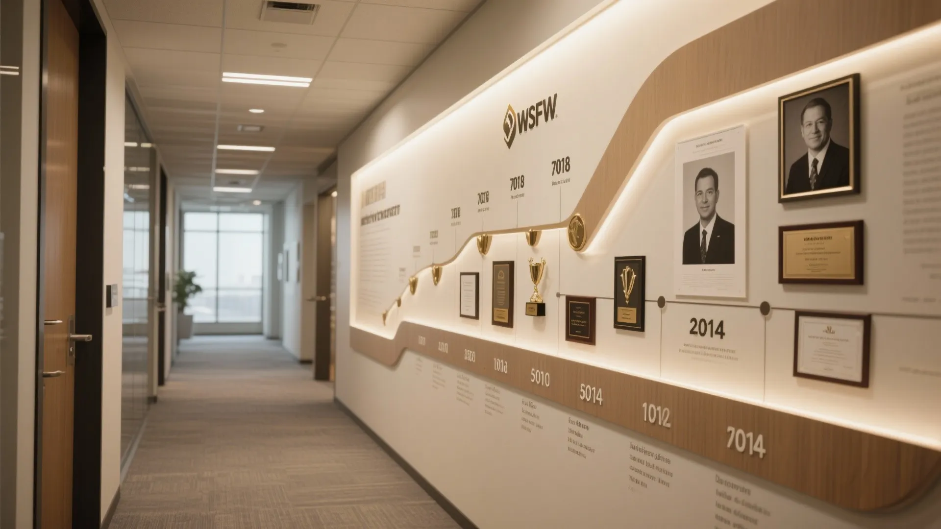 Modern office hallway featuring a lit timeline wall with company history and framed staff photos