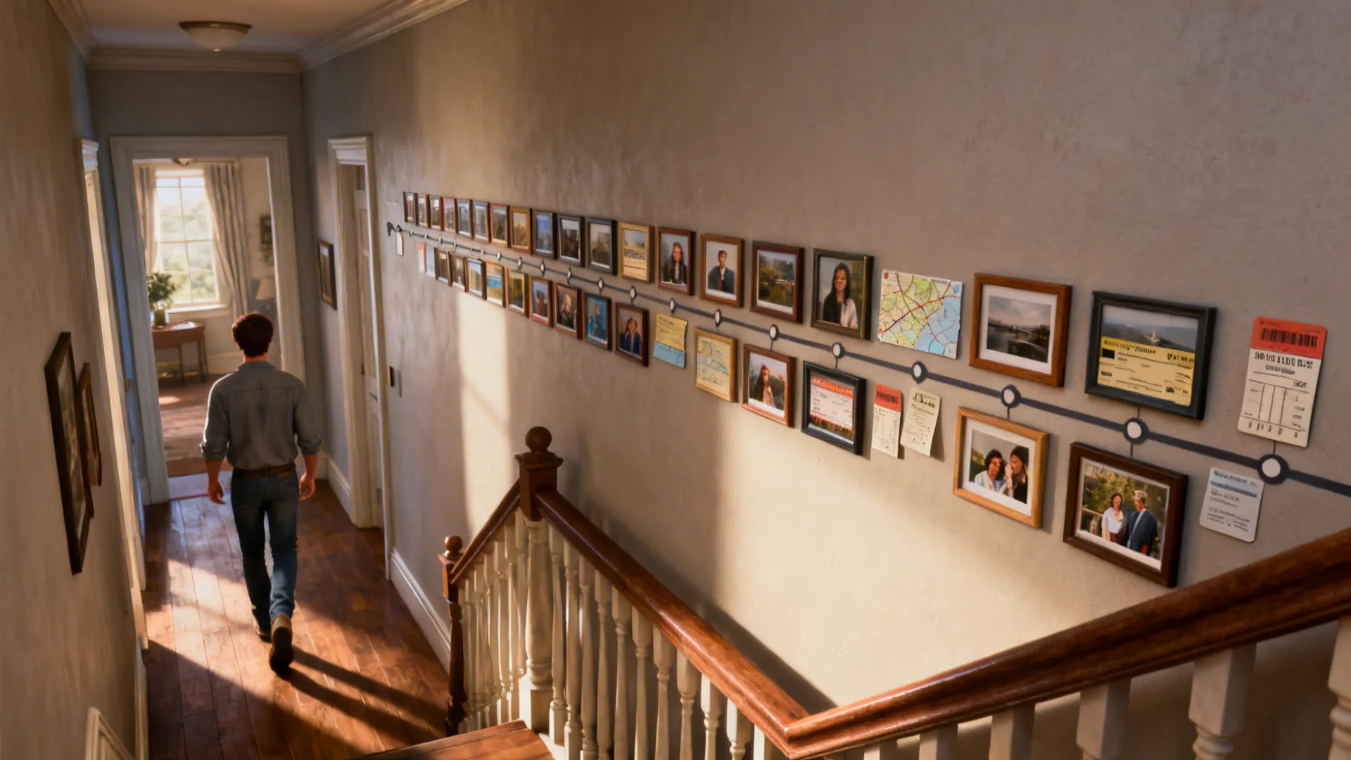 Narrow stair landing with a chronological family timeline of small framed photos and travel mementos.