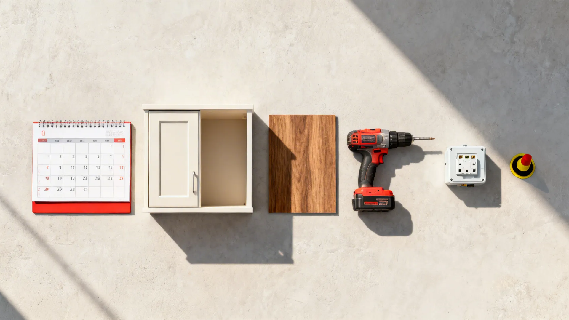 Top-down timeline flat lay with samples and tools suggesting survey, fabrication, and installation steps.
