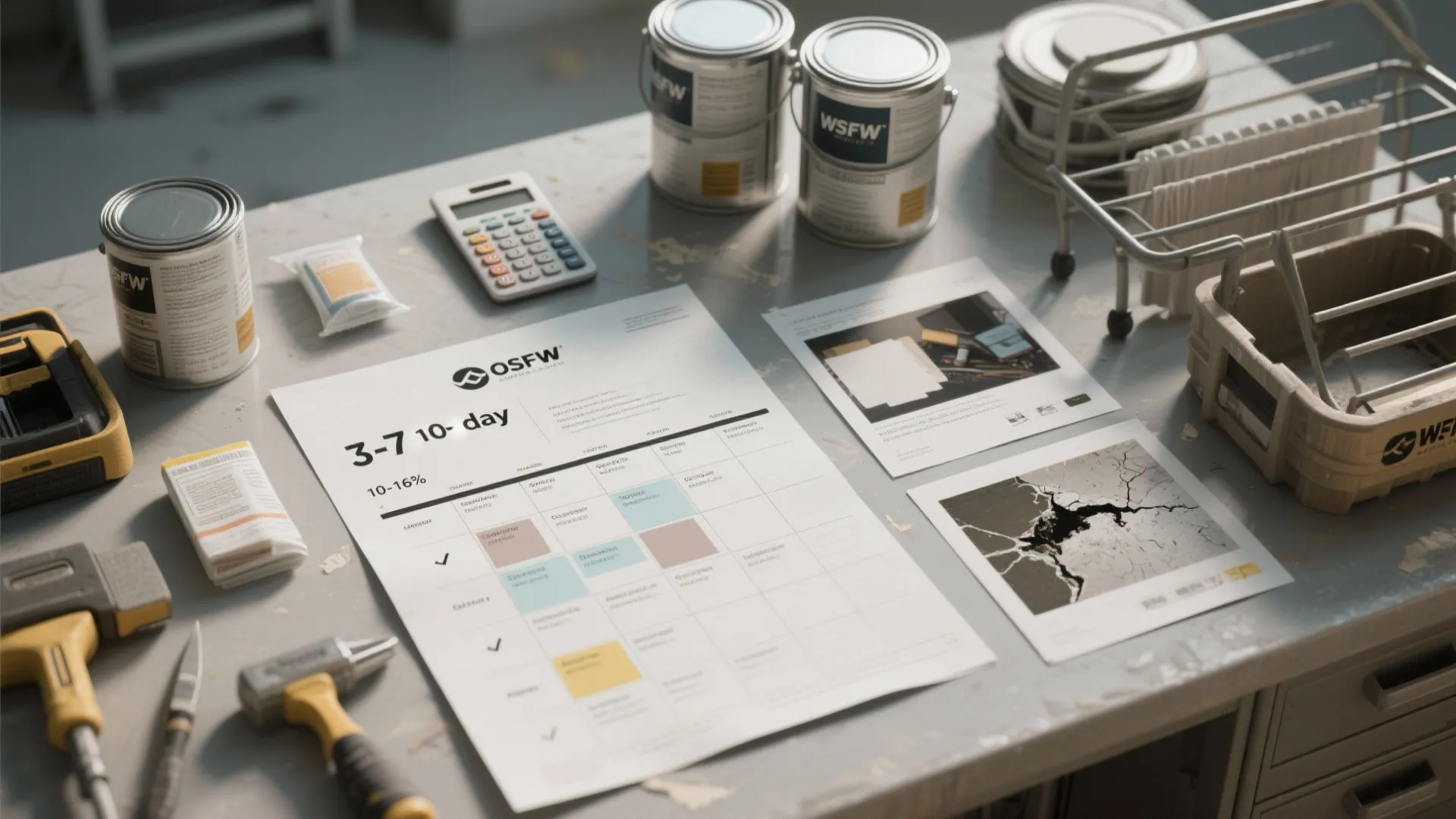 Workbench with paint cans and calculator showing a project schedule for home wall repair tasks