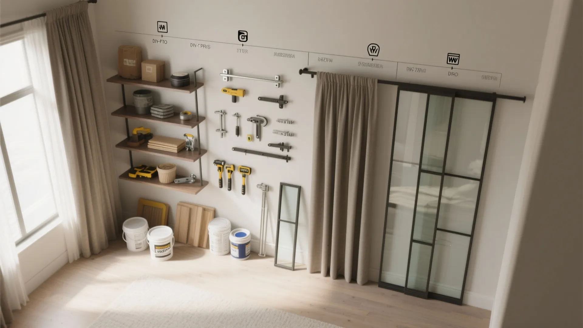 Storage room wall with shelves and tools for home renovation and interior design project planning