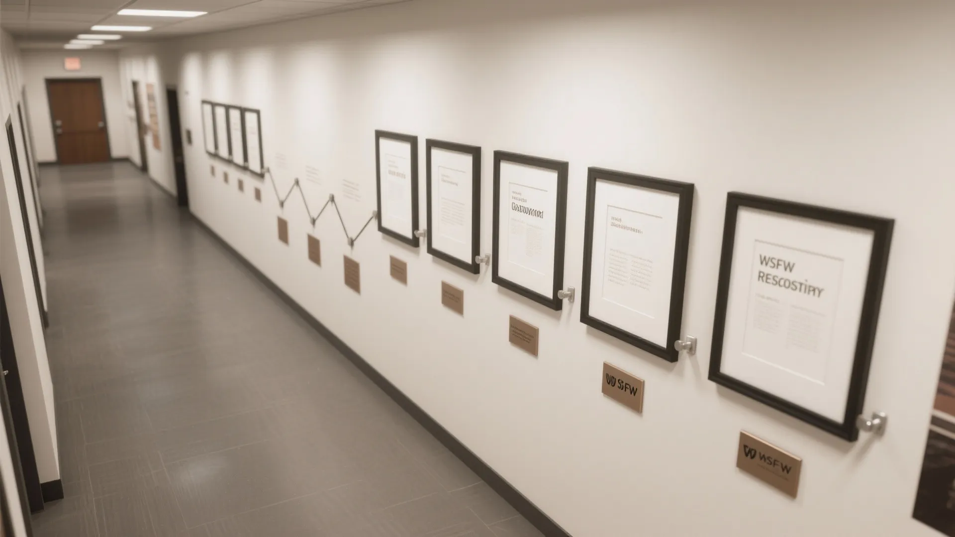 Office hallway wall featuring black framed documents and a timeline connected by a black zigzag line