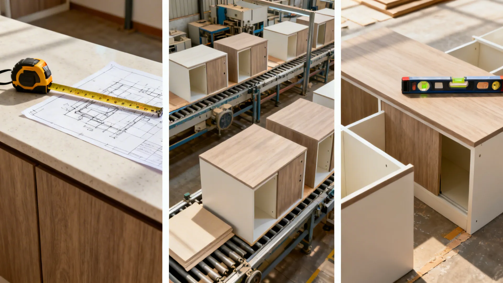 Three-step visual: planning, factory build, and on-site installation for a compact kitchen.