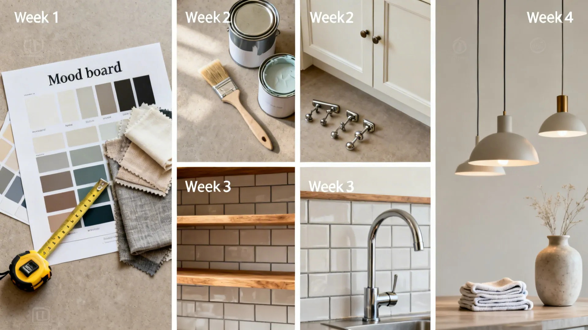 Top-down storyboard showing a four-week small kitchen upgrade process.